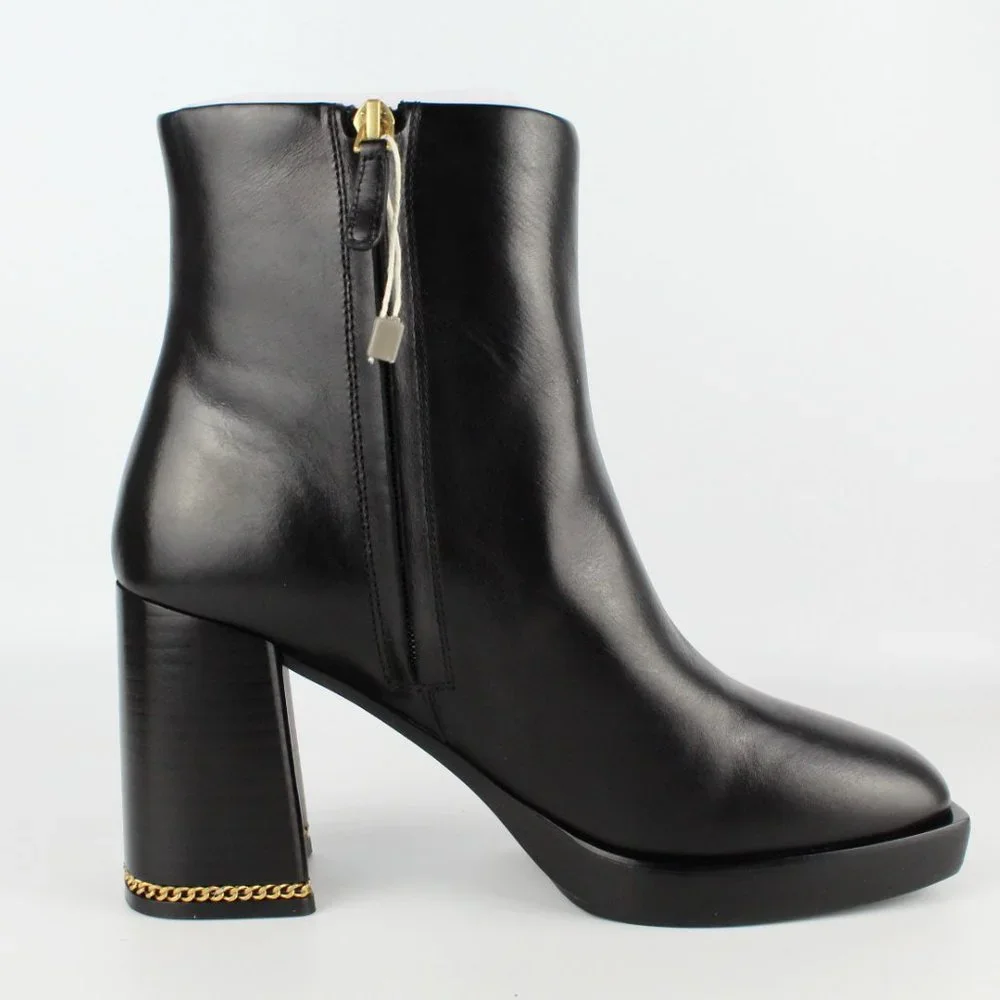 New TORY BURCH Ruby High Block Heel Chain Leather Booties, Black, US 8.5